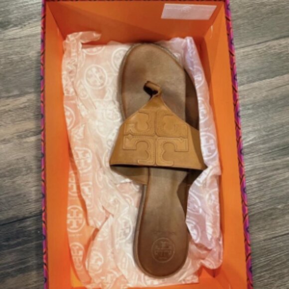 Tory Burch Jamie Full Logo Thong Sandal In Royal Tan Size 10.5 - Picture 3 of 3